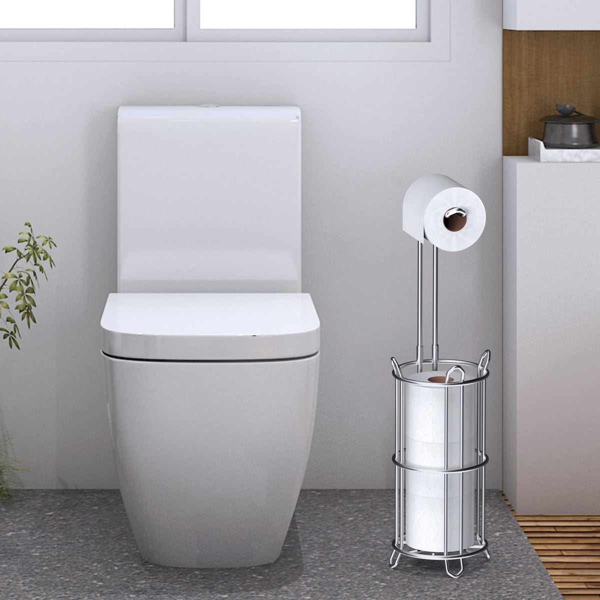 Meangood free-standing toilet paper dispenser in silver for easy access beside the toilet