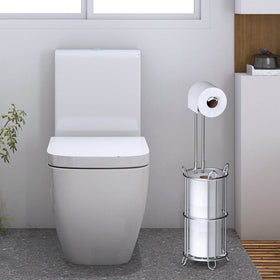 Meangood free-standing toilet paper dispenser in silver for easy access beside the toilet