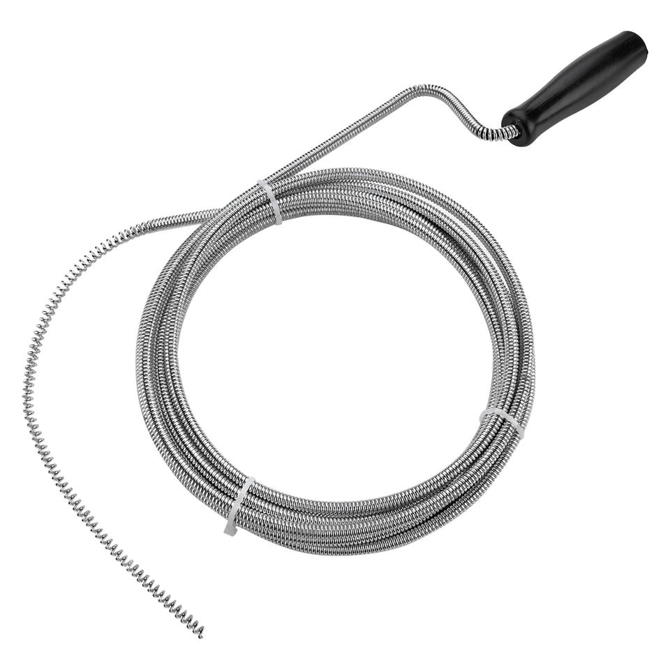 MeasuPro metal plumbers snake in kitchen scene, clears hair and debris