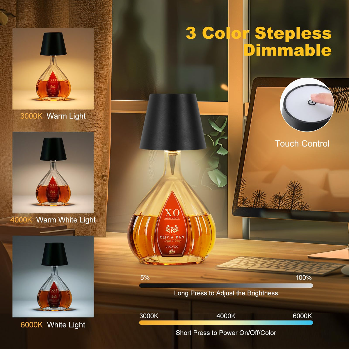 Mebaraul bottle lamp with USB-C charging for quick, cordless power