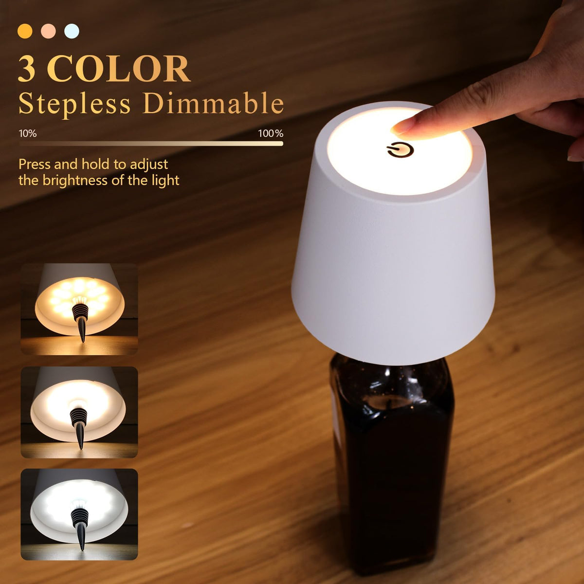 Mebaraul 3-color wine bottle lamp offers warm natural or cool light.