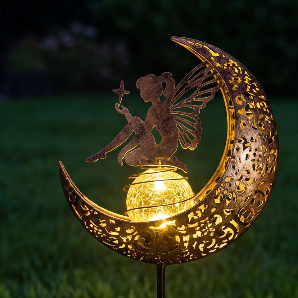 MEBRUDY fairy moon design solar stake lighting a garden path at dusk