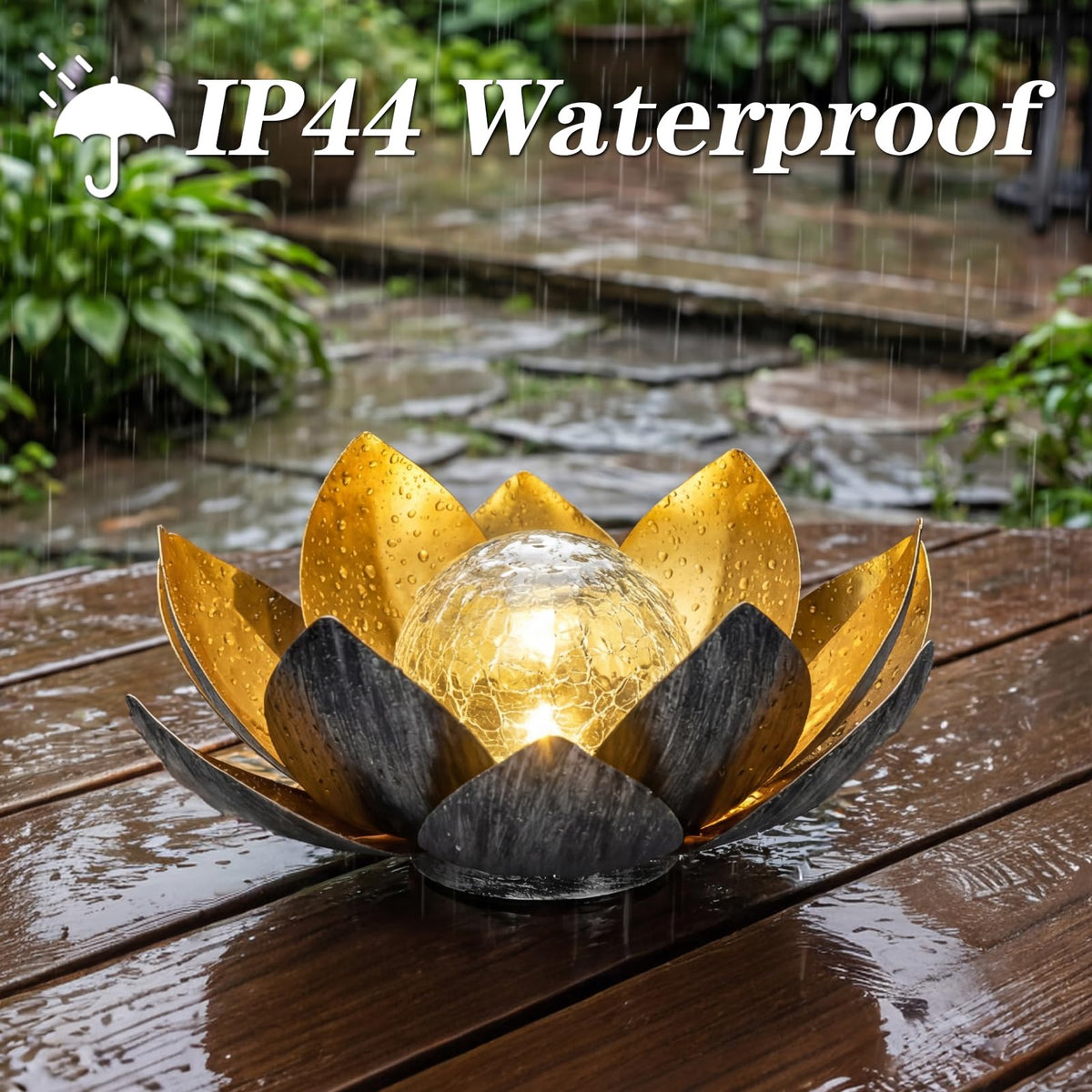 MEBRUDY IP44 waterproof lotus LED light stands up to rain for year-round use