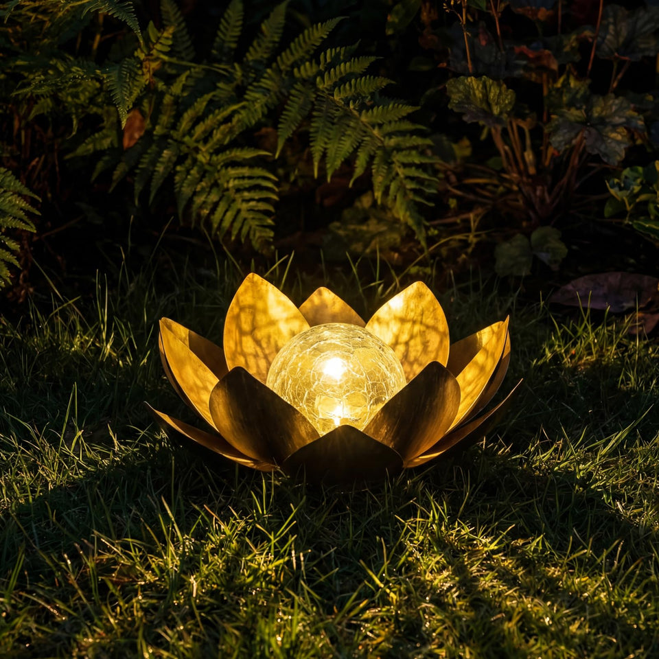 MEBRUDY solar globe lotus lamp lighting the garden with a soft inviting glow