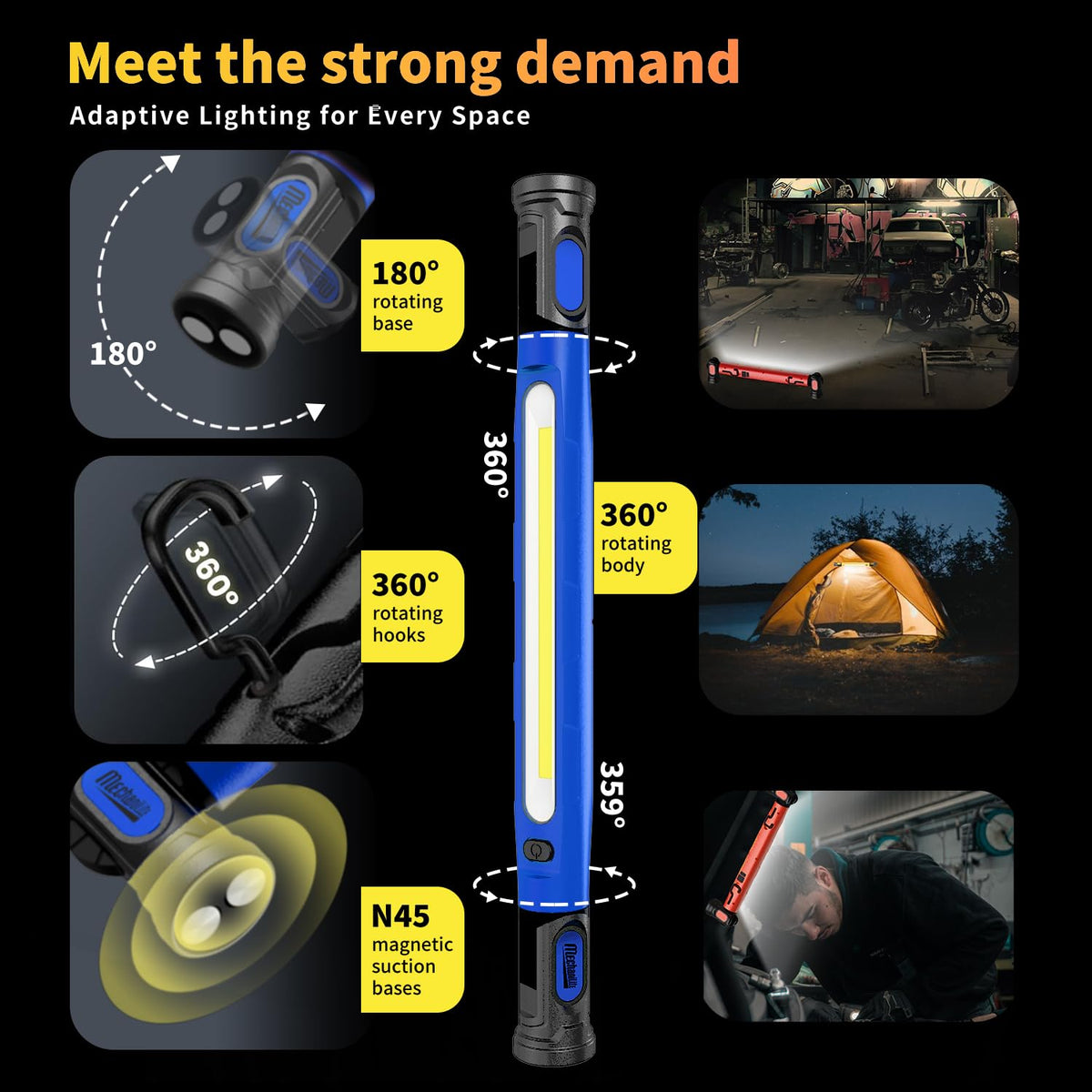 MechaniLite 360-degree main light with 180-degree legs for flexible positioning.