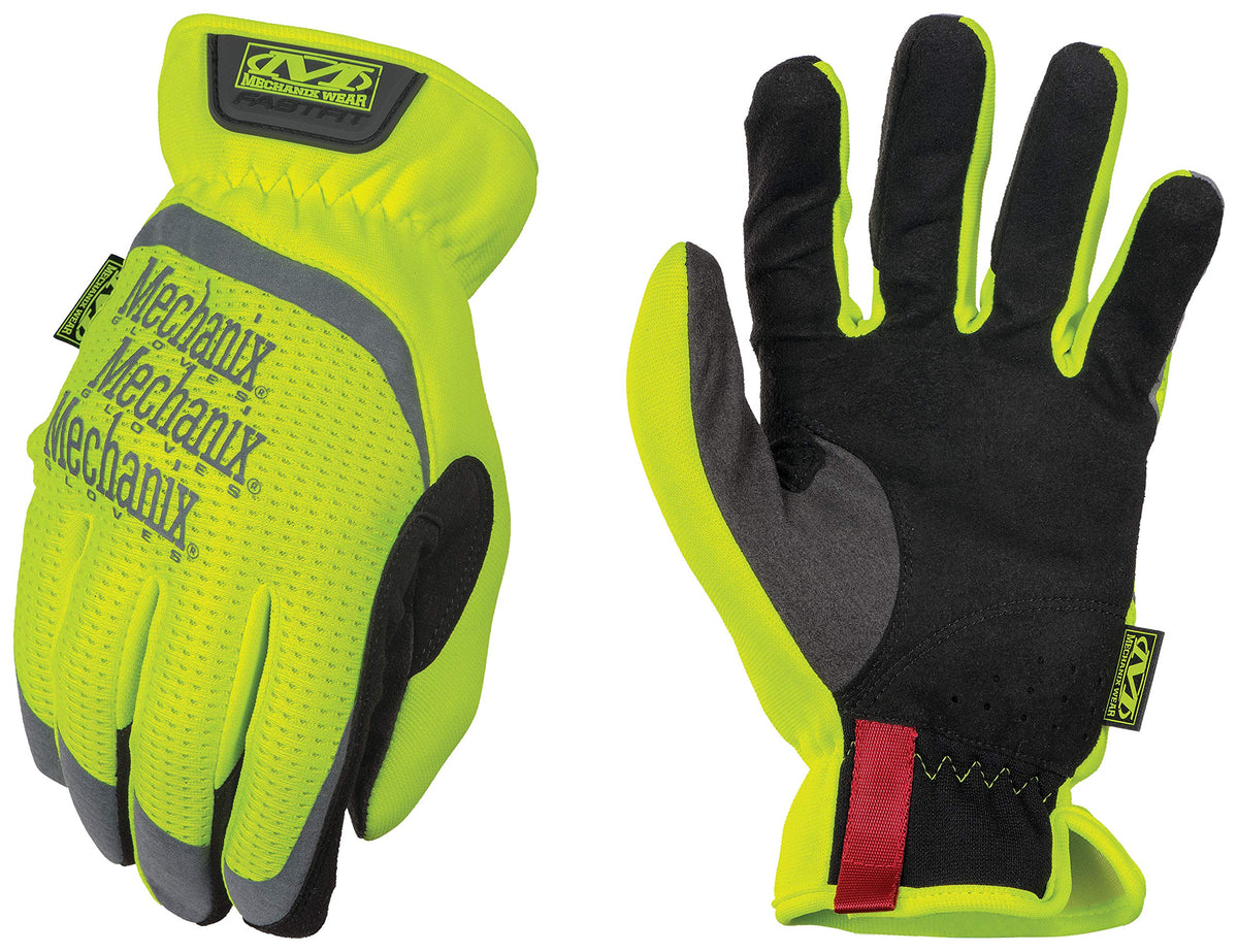 Mechanix Wear Hi-Viz FastFit gloves in front view for high-visibility work in low light.