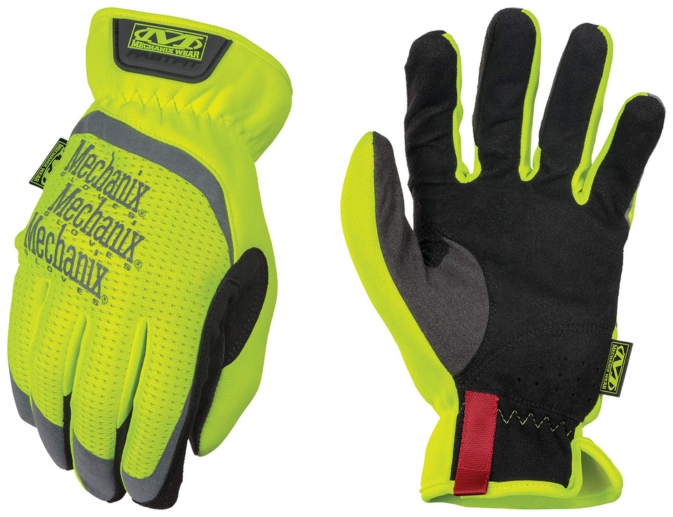 Mechanix Wear Hi-Viz FastFit gloves in front view for high-visibility work in low light.