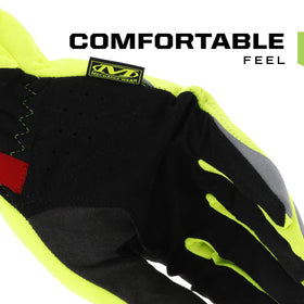 Mechanix Wear Hi-Viz FastFit palm shows touchscreen-capable 0.6mm synthetic leather for dexterous control.