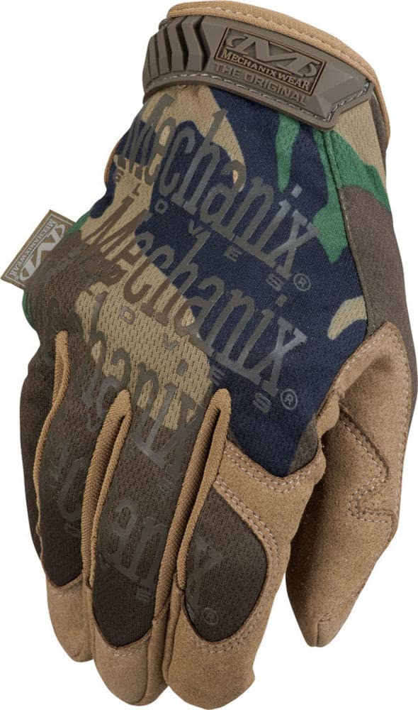 Mechanix Wear Woodland Camo gloves nylon pull strap for quick on/off.