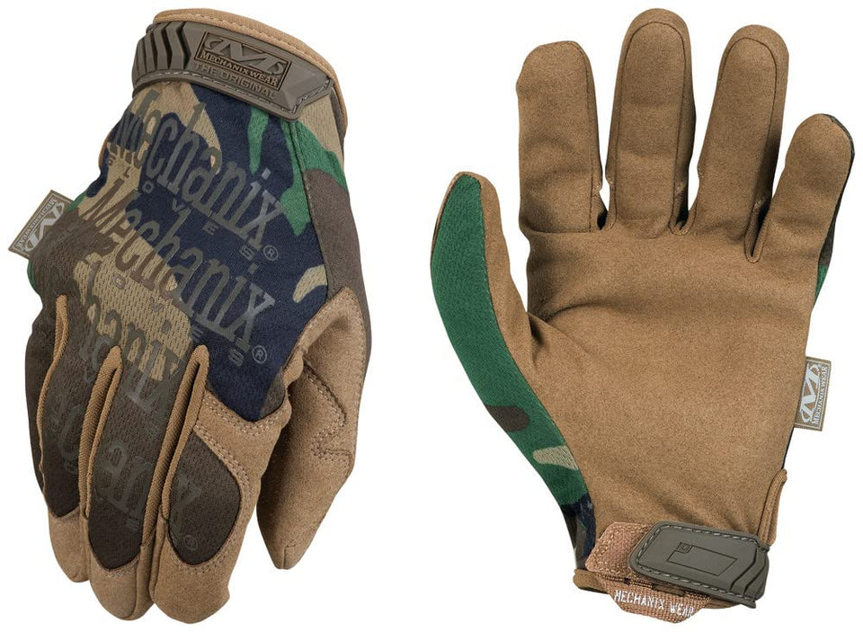 Mechanix Wear Original Woodland Camo gloves palm detail showing durable 0.8mm leather.