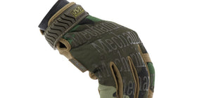 Mechanix Wear Original Woodland Camo gloves with secure wrist closure for field use.