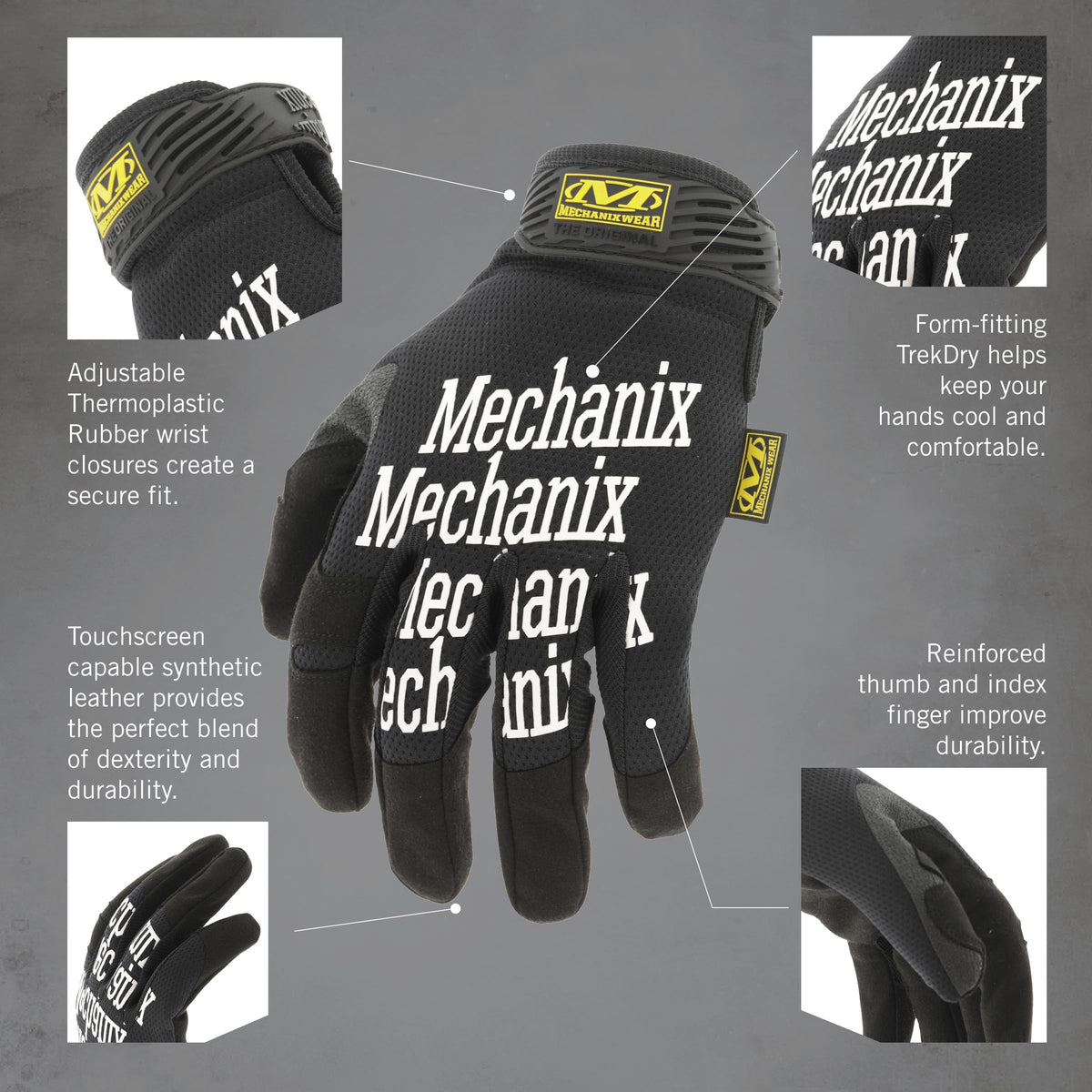 Mechanix Wear Original Work Glove welded thumb saddle with lock ring grip for durability.