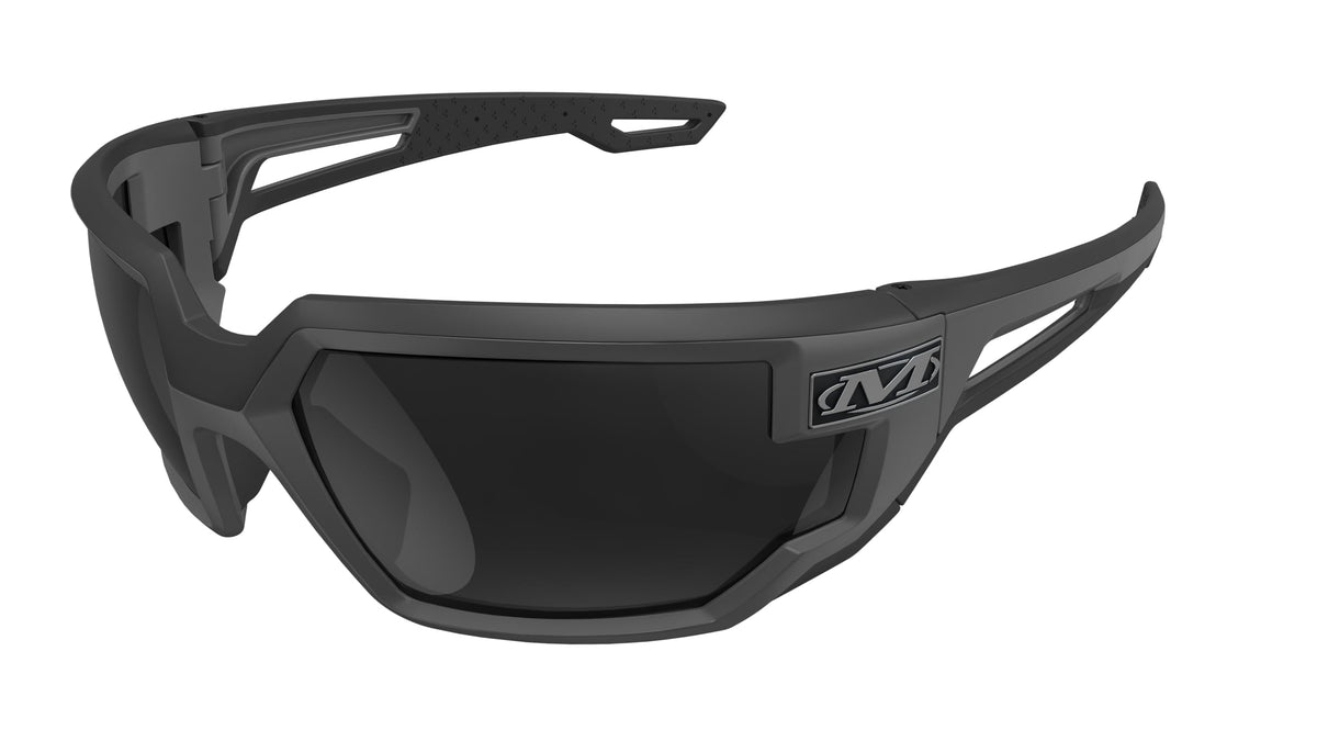 Mechanix Wear Vision Type-X dark smoke lens reduces glare and UV exposure for outdoor work.