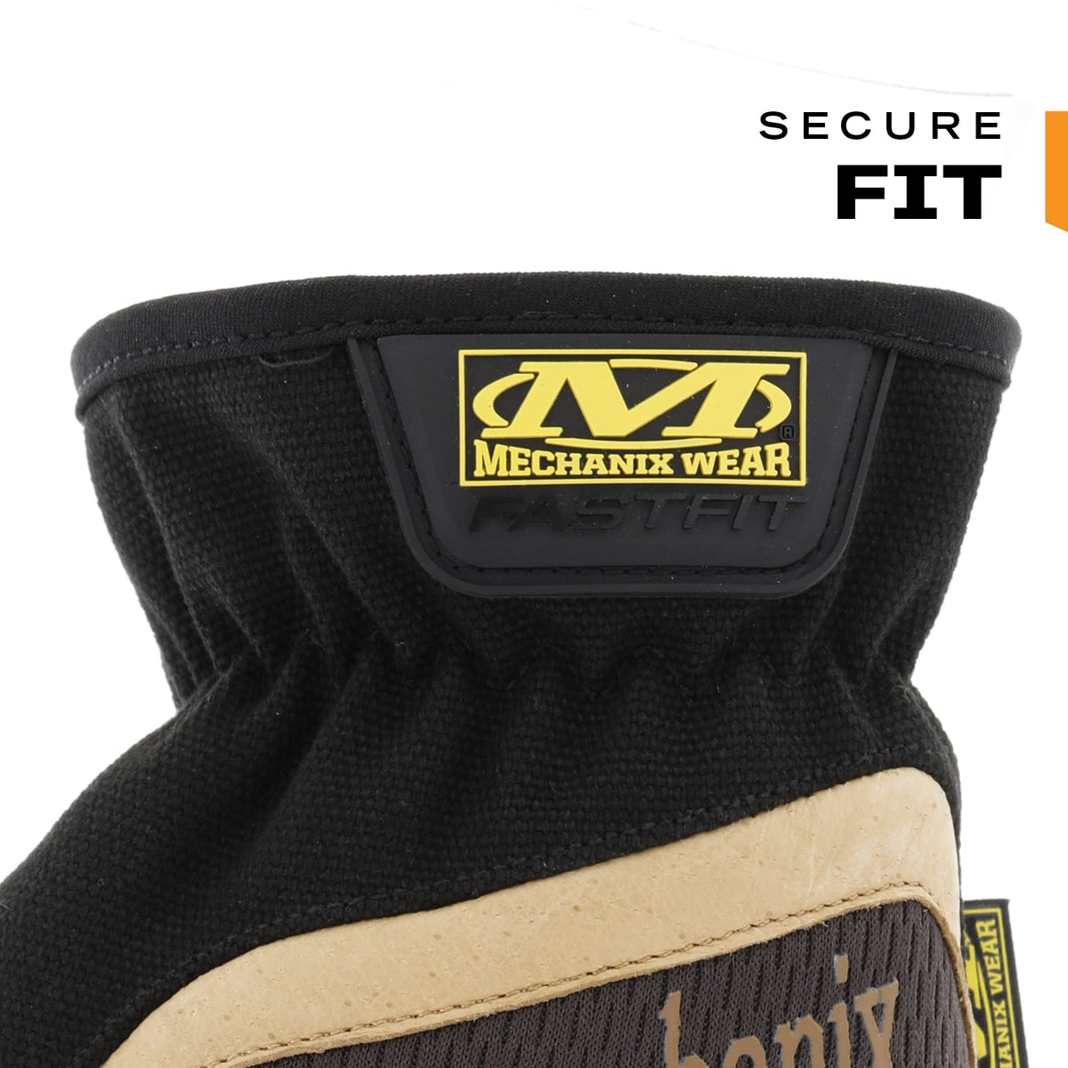 Mechanix Wear FastFit Leather Gloves elastic cuff shown for secure wear and debris exclusion.