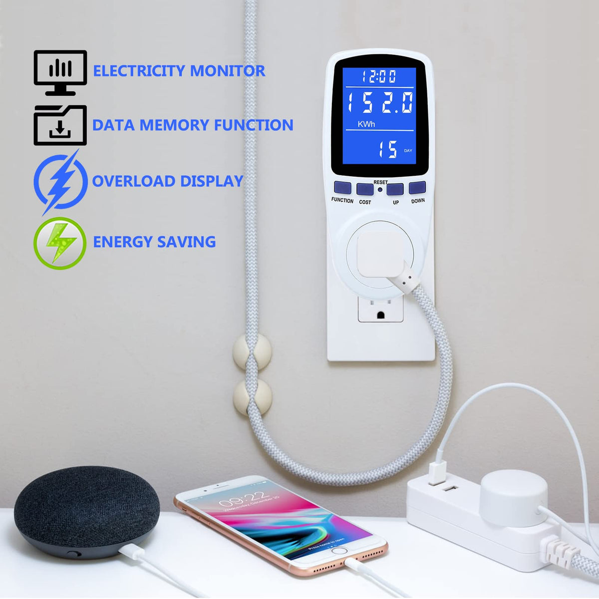 MECHEER watt meter plug large display for easy monitoring.