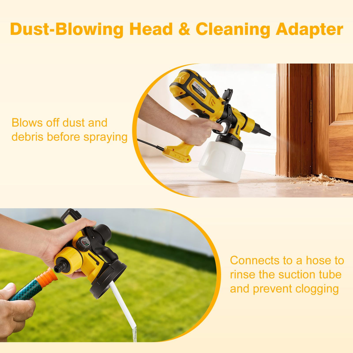 Mechloom 1000W dust blowing head clears debris before spraying