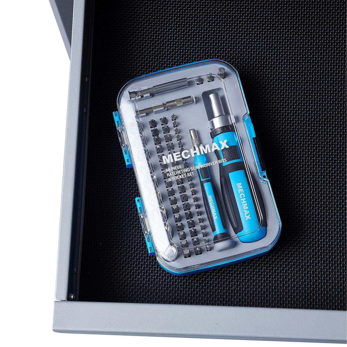 MECHMAX compact, stackable case fits drawers, cars, and backpacks.