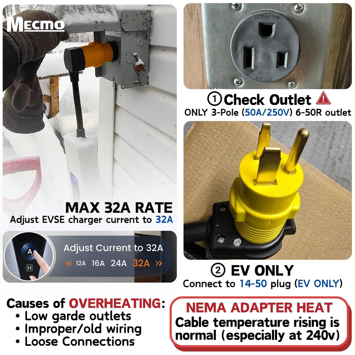 MECMO 14-50R EV connector end ready for 240V charging