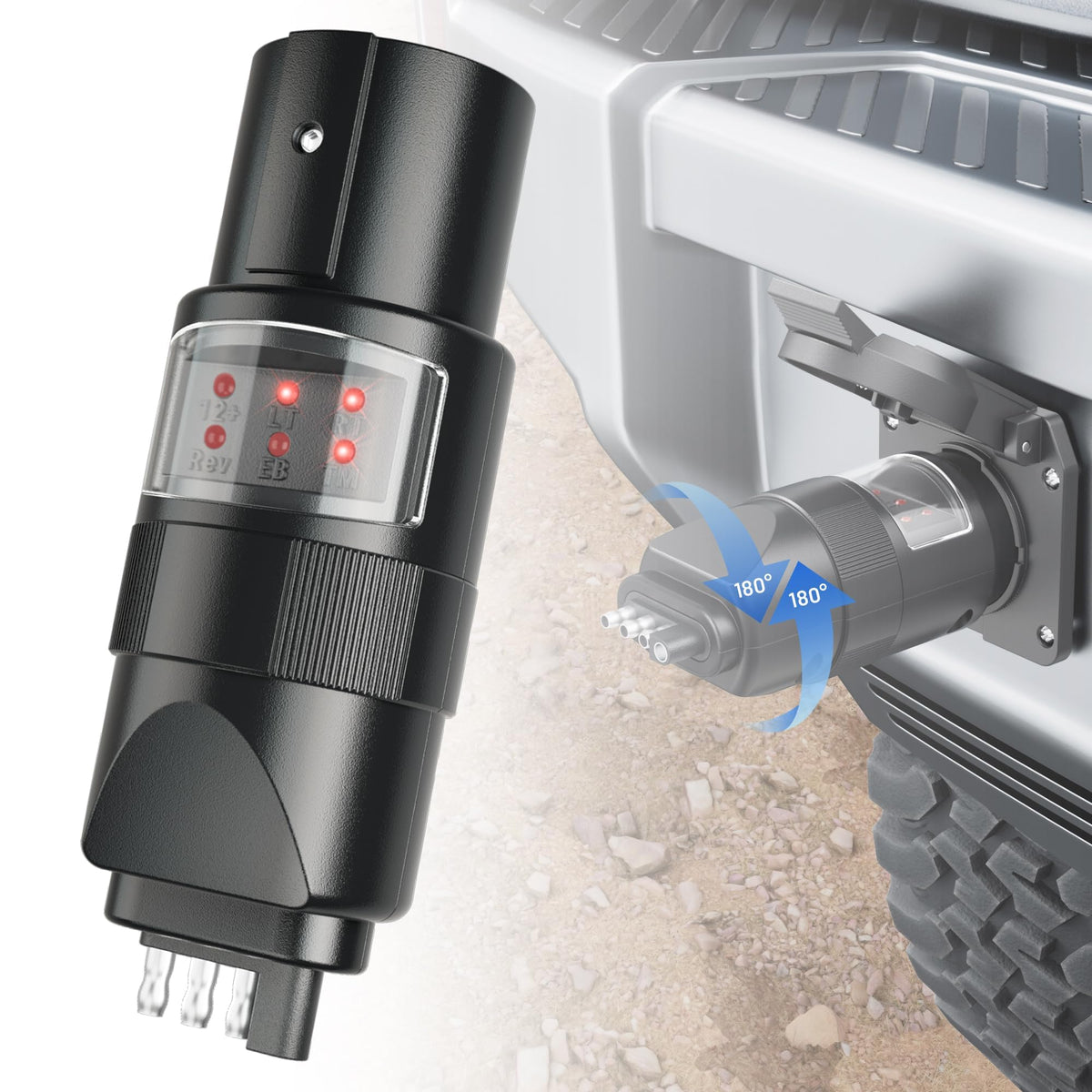MECMO 360deg rotatable trailer tester facilitates quick hookup and orientation for RVs.