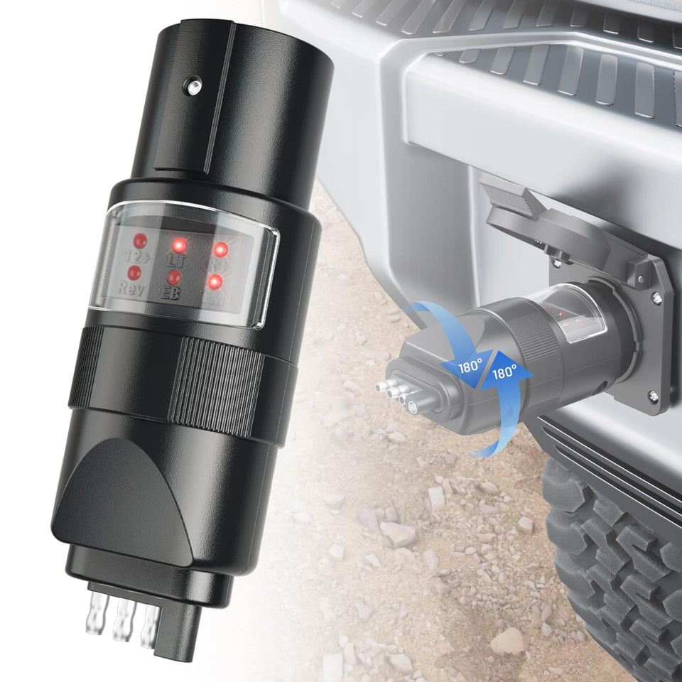 MECMO 360deg rotatable trailer tester facilitates quick hookup and orientation for RVs.