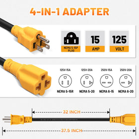 MECMO 5-15P to 5-15R and 5-20R connectors for 120V versatility