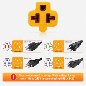 MECMO NEMA 5-15P to 6-20R connection for higher amperage devices