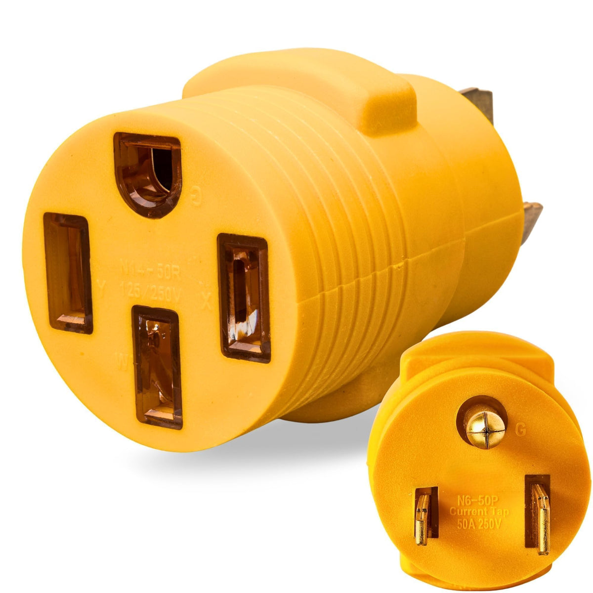 MECMO NEMA 6-50P to 14-50R adapter front view for workshop charging