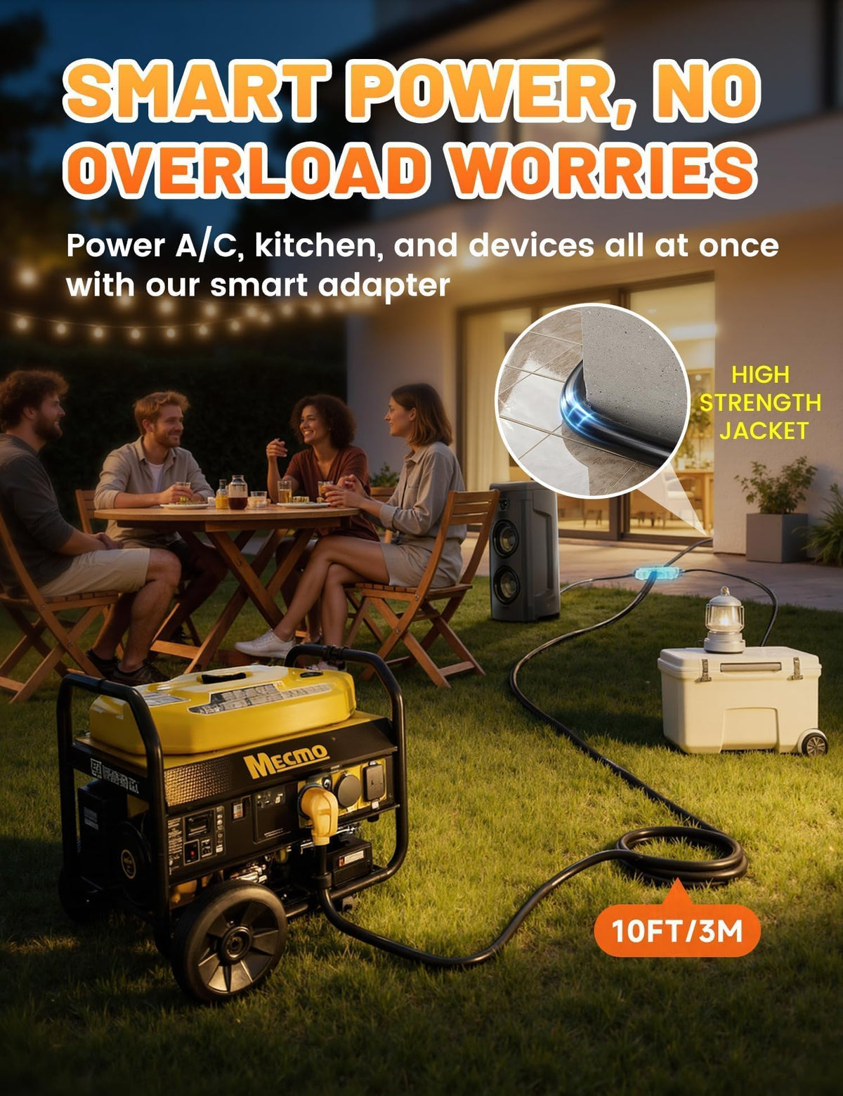 MECMO three-prong to household outlets enables versatile camping setups.