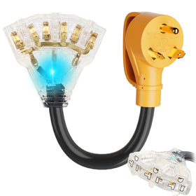 MECMO TT-30P to three 5-15/5-20R outlets adapter powers three devices from RV shore power