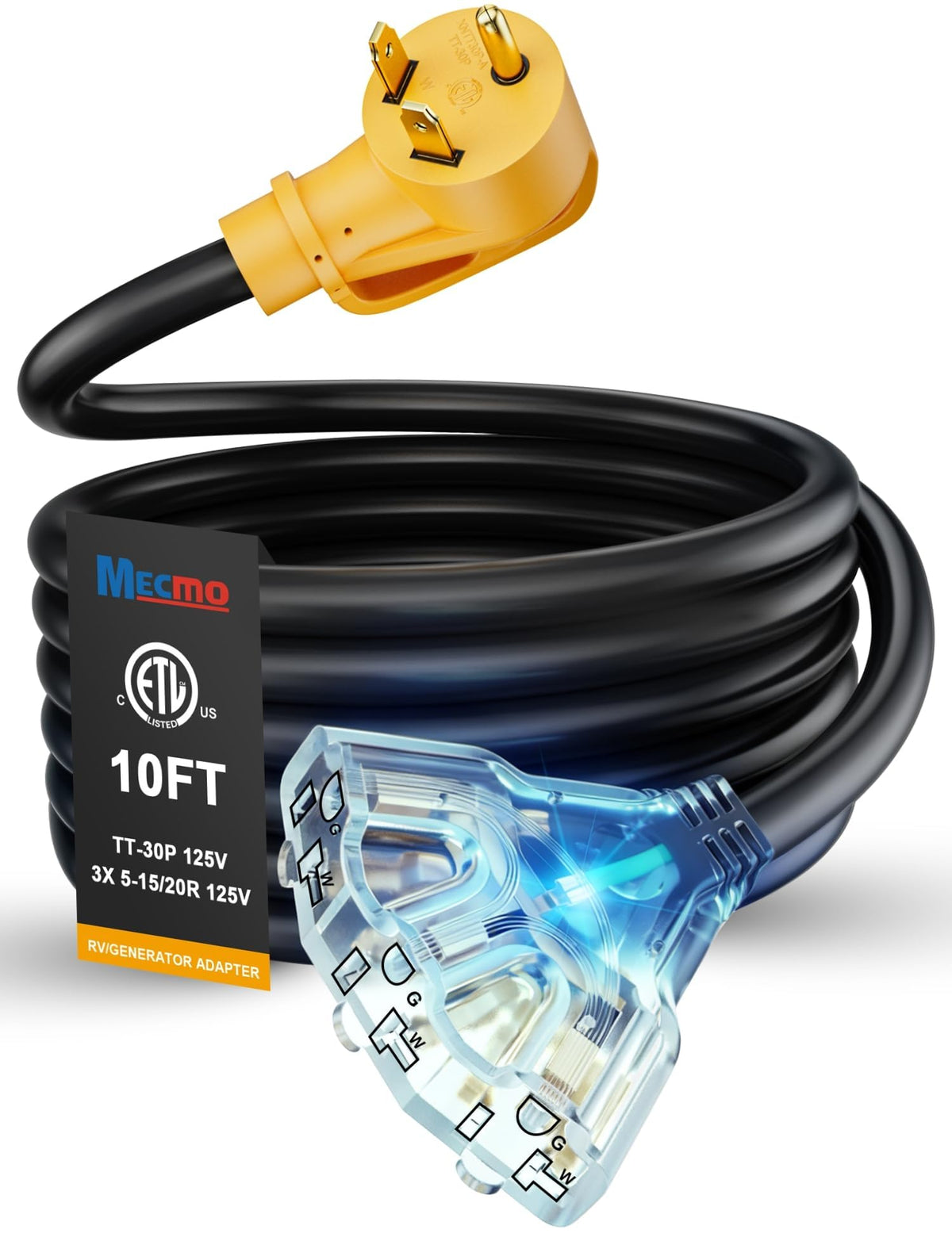 MECMO TT-30P to 3x 5-15/5-20R adapter close-up for RV power.