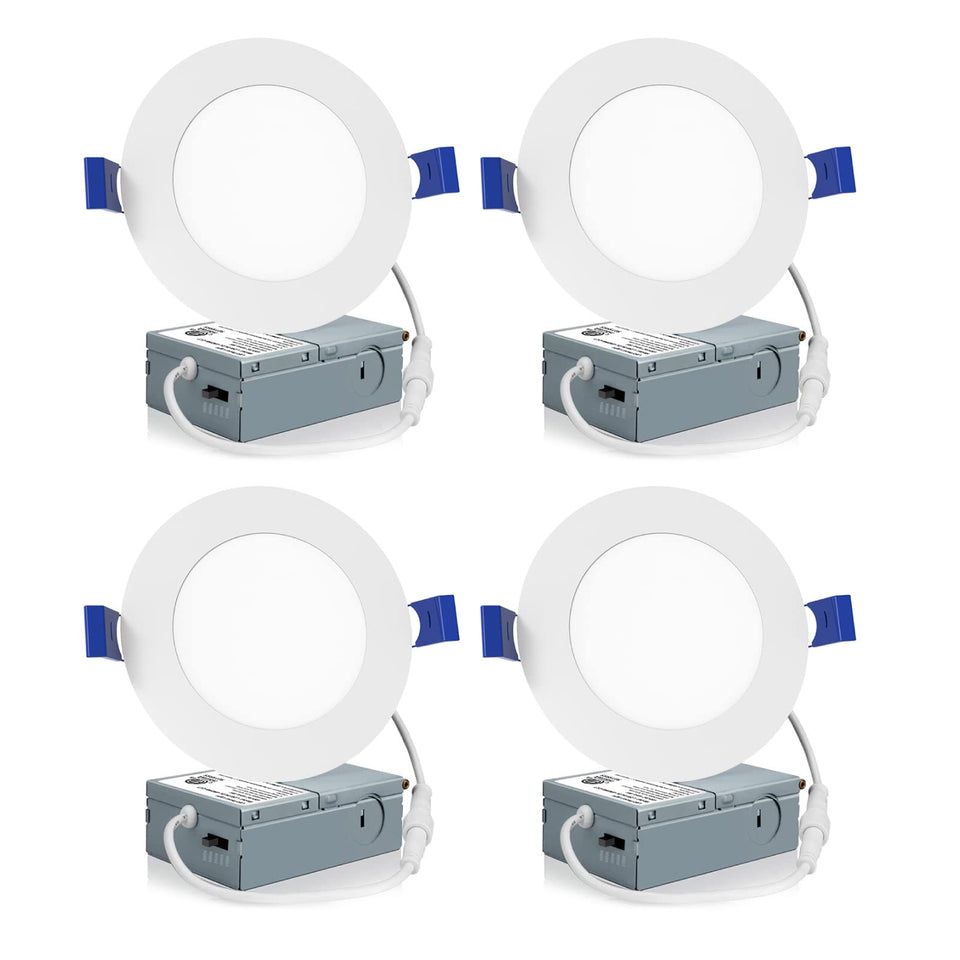 Meconard four-inch LED recessed light showing 2700K warm glow for cozy ambiance.