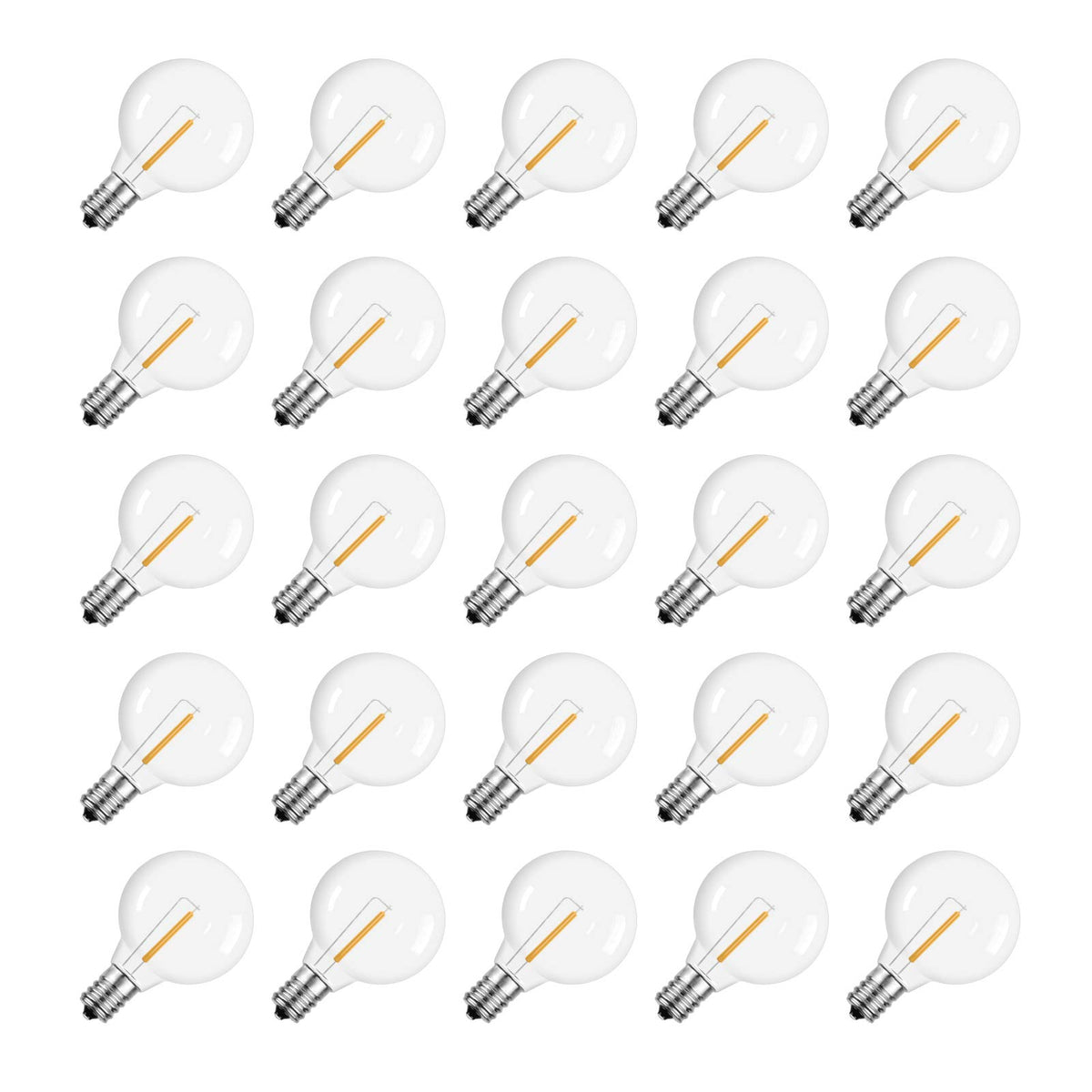 Meconard G40 warm white LED globe bulb with 1W—energy-efficient outdoor string lighting.