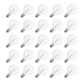 Meconard G40 warm white LED globe bulb with 1W—energy-efficient outdoor string lighting.