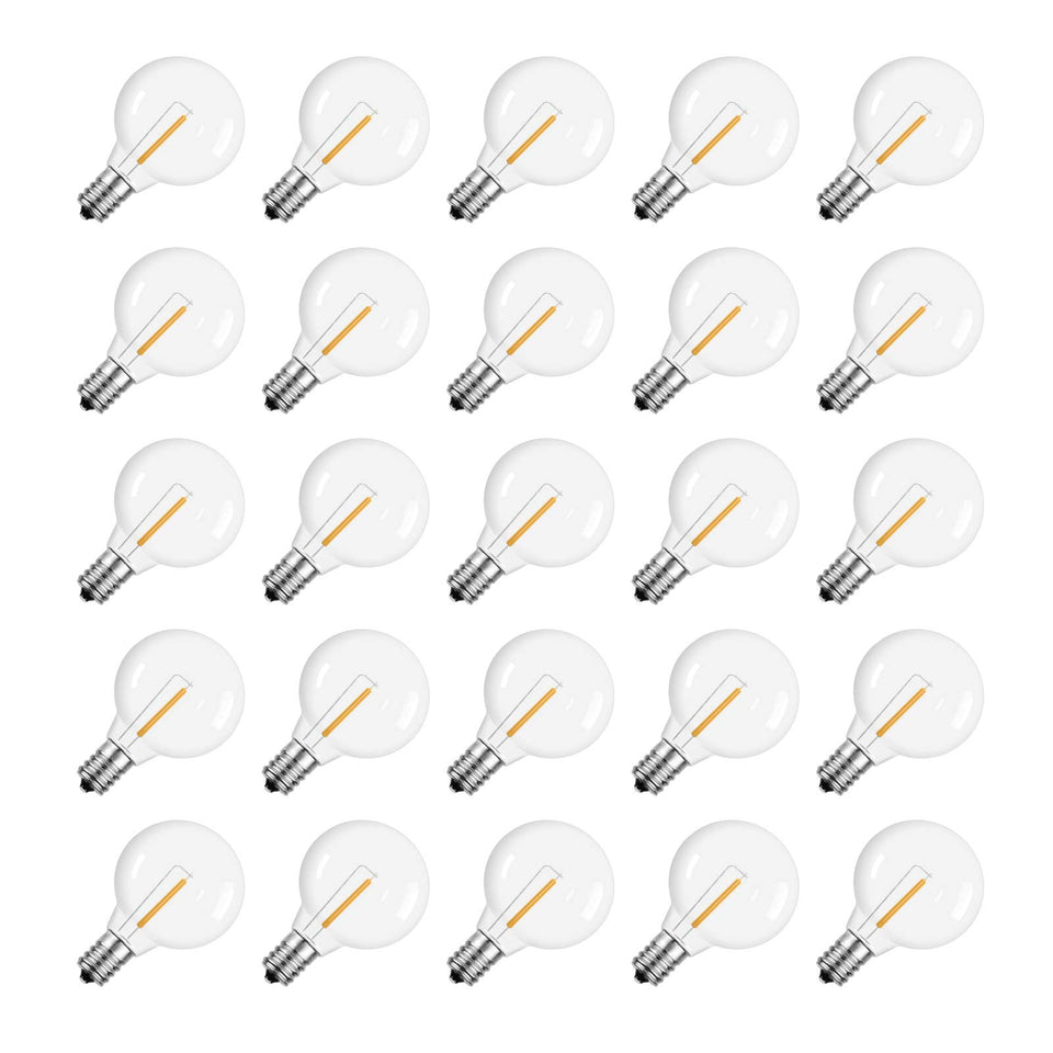 Meconard G40 warm white LED globe bulb with 1W—energy-efficient outdoor string lighting.