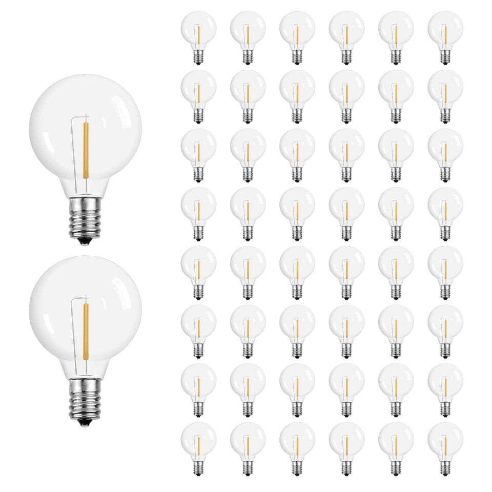 Meconard G40 LED globe bulbs pack 50 for indoor and outdoor use.