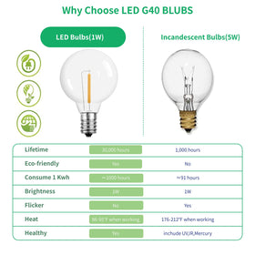 Meconard G40 LED globe bulbs for outdoor string lights in gardens and patios.