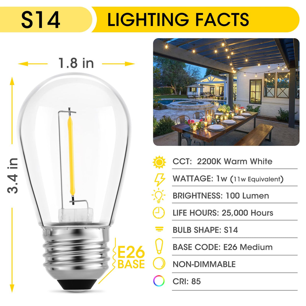Meconard S14 LED bulbs with shatterproof plastic design for durable outdoor use