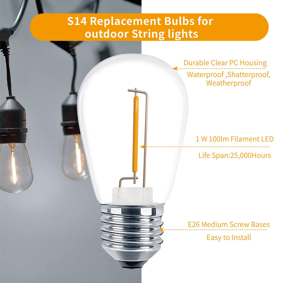 Meconard warm white 2200K LED bulbs create inviting patio ambiance.