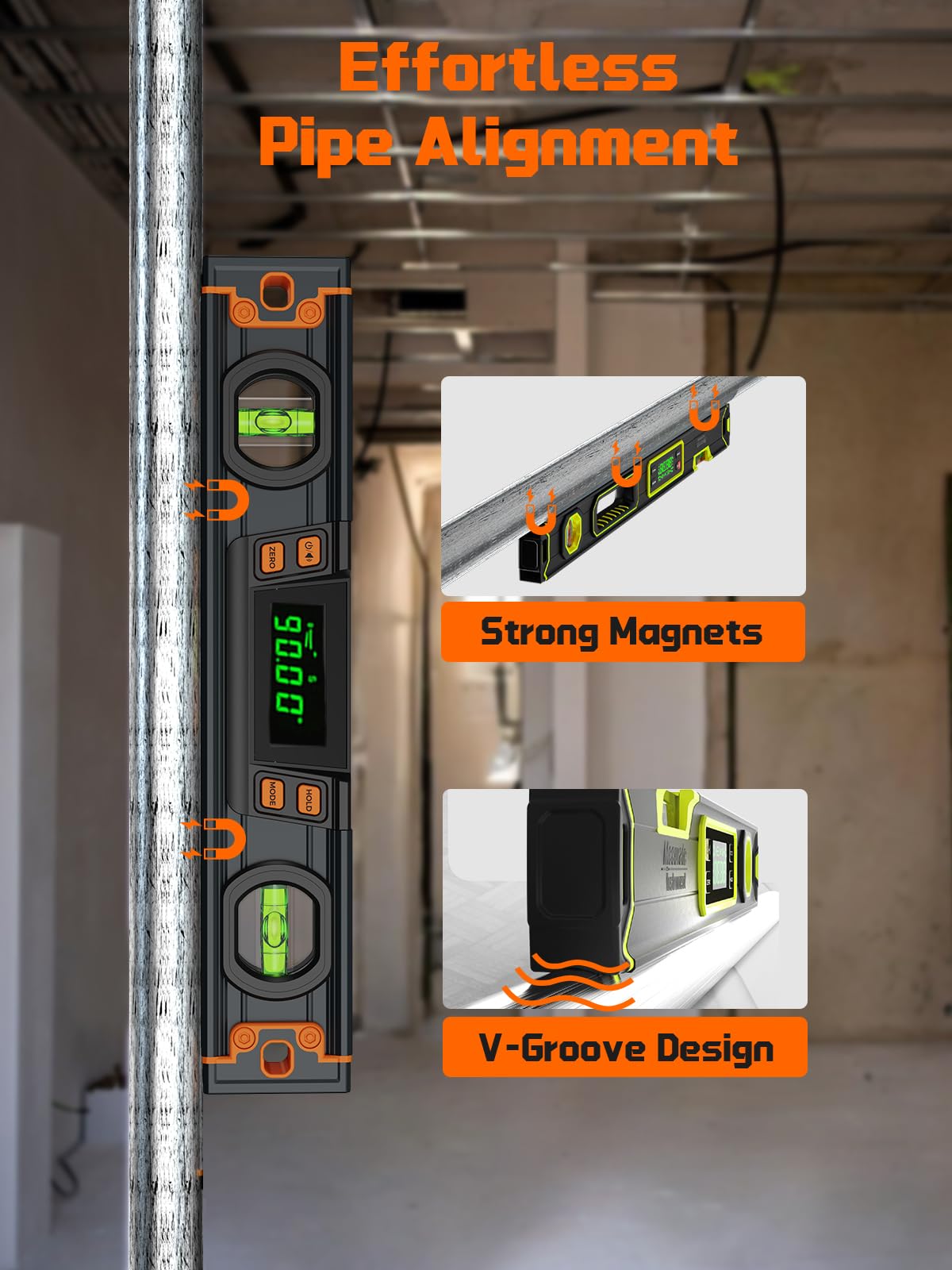 Durable aluminum alloy Mecurate level endures tough job-site conditions.