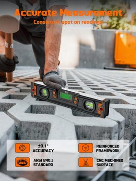Mecurate digital angle finder with magnetic base for hands-free work on metal surfaces.
