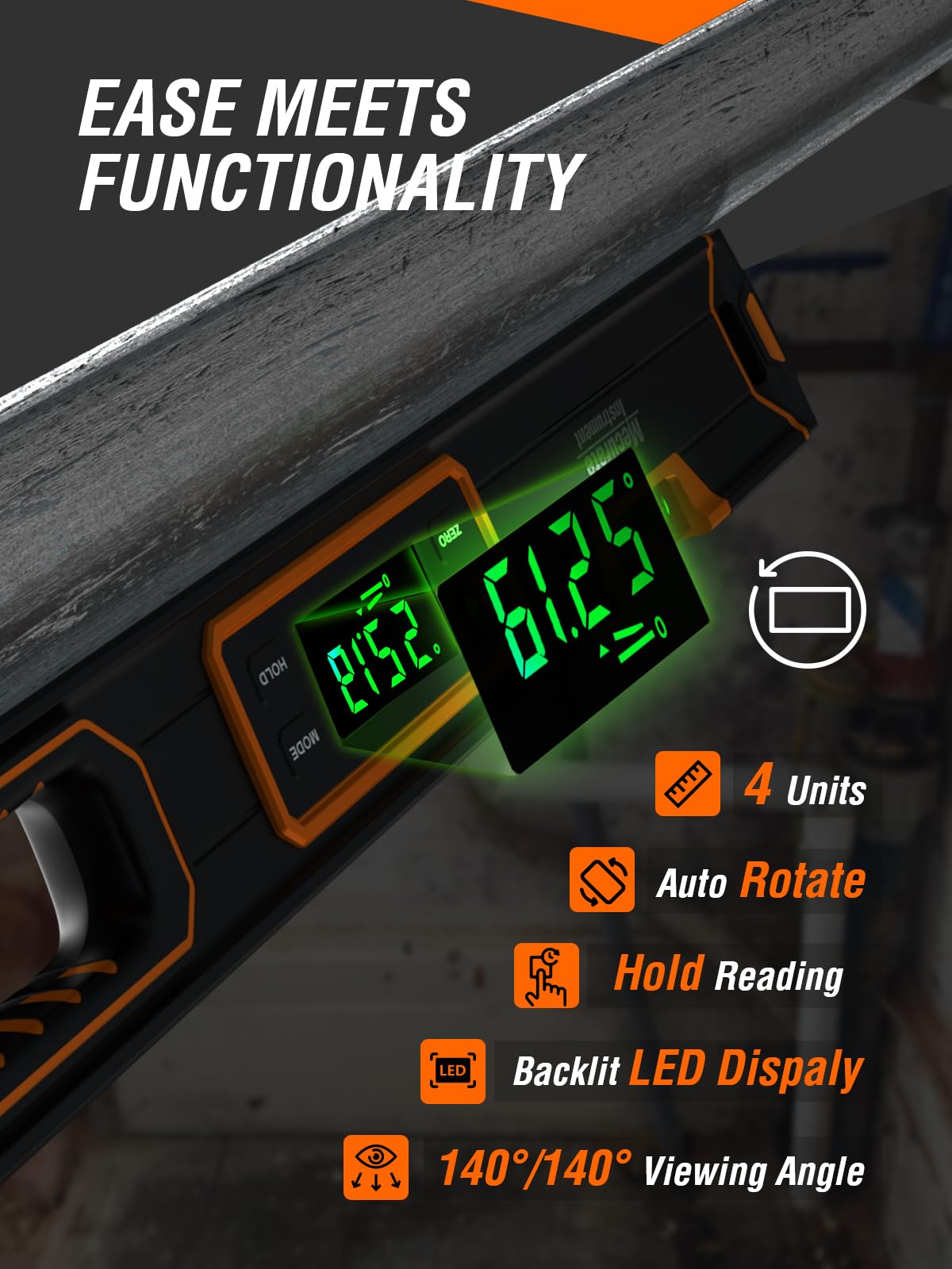 Audible alerts at 0° and 90° help quick checks.