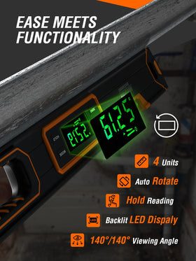Audible alerts at 0° and 90° help quick checks.