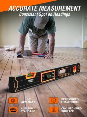 Mecurate digital level with bright LCD for easy reading.
