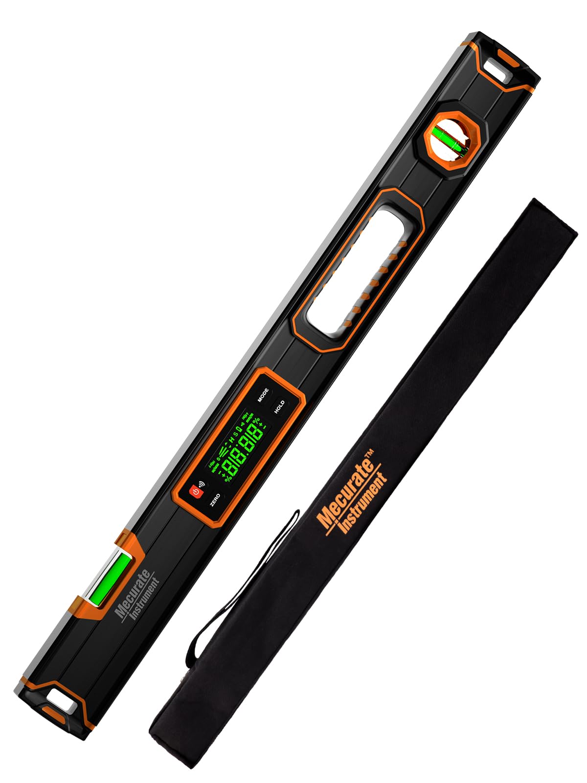Mecurate digital level with magnetic base enables hands-free accuracy.