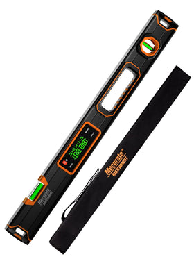 Mecurate digital level with magnetic base enables hands-free accuracy.