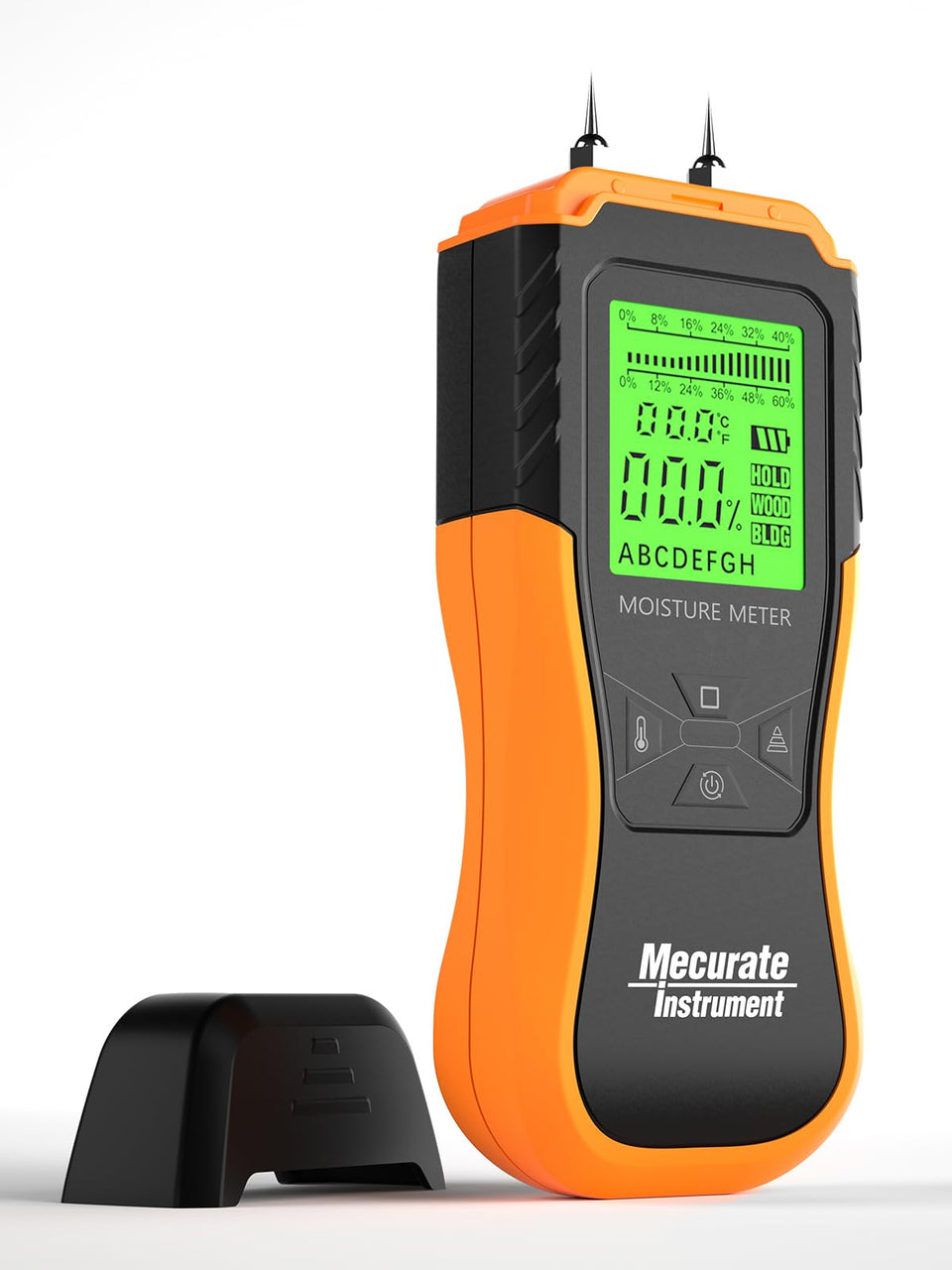Mecurate digital pin type meter front view showing moisture readings for wood projects