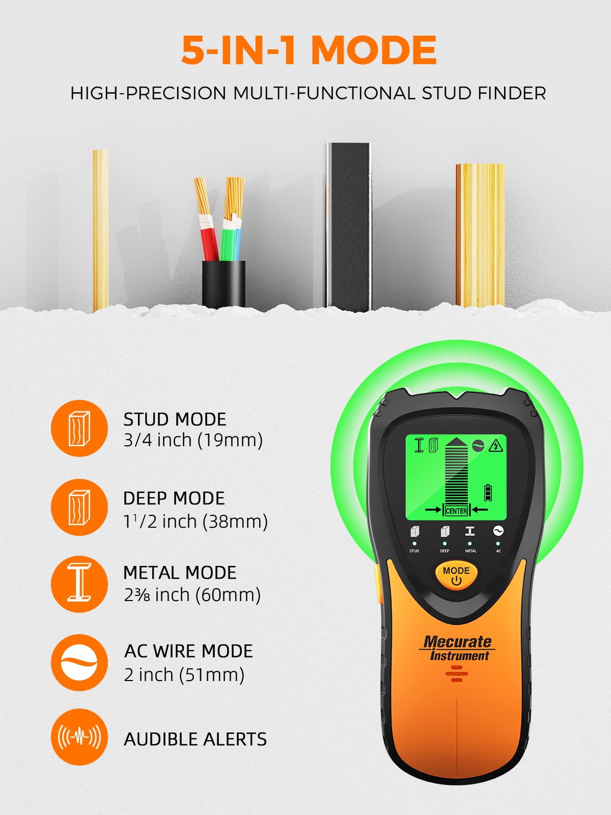 Mecurate stud finder LCD screen shows real time detection for safer drilling