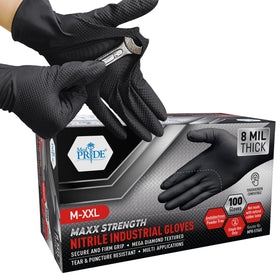 MED PRIDE 8 mil black nitrile gloves with diamond texture for superior grip.