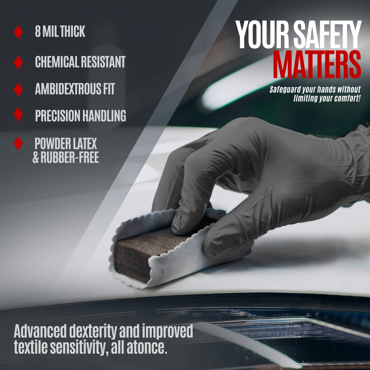 MED PRIDE Maxx Strength nitrile glove on hand showing durable grip