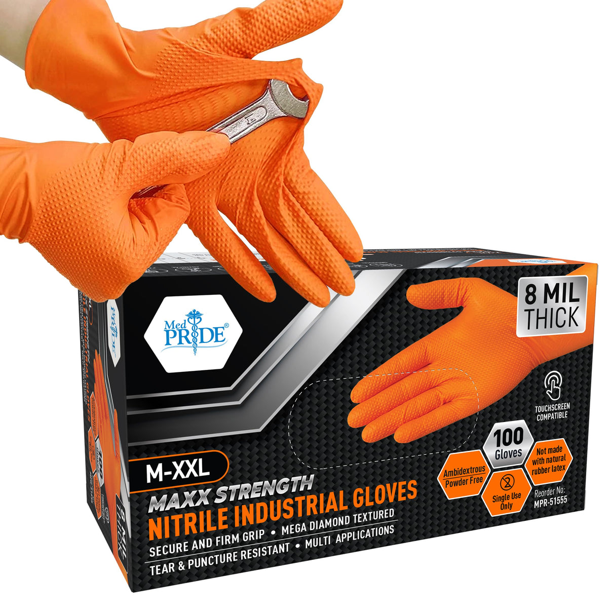 MED PRIDE orange heavy-duty nitrile gloves for durable protection during tough tasks